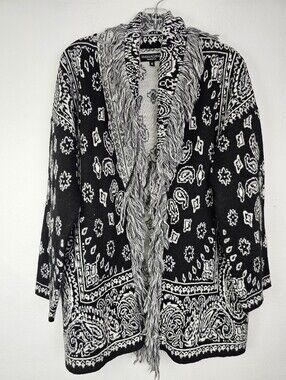 Western Country Black White Italian Wool Alpaca Fringed Open Cardigan Sz S Boho
